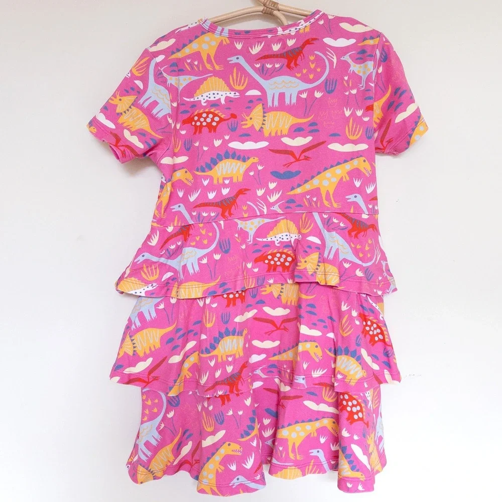 Piccolina Tiered Ruffle Dress Pink Dinosaur Print Short Sleeve Kids Size 10